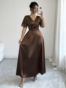 Elenzga Women's Solid Color Elegant Lace Patchwork V-Neck Dress - Coffee Brown - View 8