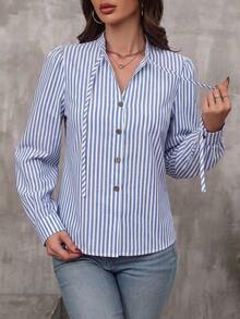 Louniche Women's Summer Autumn Blue & White Striped Fabric Small Stand Collar Button-Down Design Tie-Knot Fitted Casual Vacation Style High-Energy Workplace Back To School Season Teacher's Day Travel Vacation Vibe Autumn Spring New Fashion Item Niche Design Versatile Long Sleeve Blouse - Blue - View 4