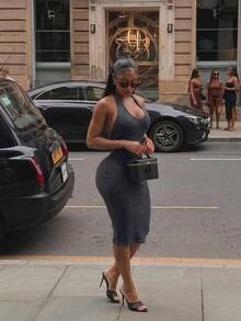 SHEIN SXY Women's Solid Color Deep V-Neck Distressed Halter Neck Sexy Dress Club Date Night Dark Grey Summer - Black - View 9