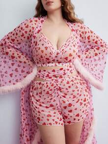 Elorette 3件組甜美愛心印花絨毛飾邊網紗睡衣套裝 - 粉色 - 查看 2