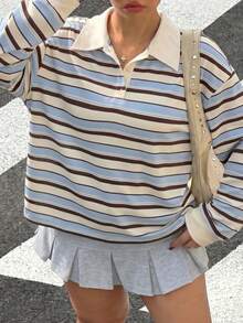 Muchica 大尺碼女款條紋落肩長袖休閒寬鬆襯衫 秋季 - 彩色 - 查看 4