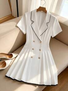 Franclia Vestido Blazer Feminino Elegante Vintage de Luxo Leve, Preto e Branco, Estilo Francês, para Mulheres Maduras, com Cintura Marcada, Efeito Emagrecedor e Gola Contrastante - Branco - Visão 1