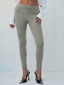 Hauture High-Waisted Stirrup Leggings In Nylon Blend Date Everyday Going Out Work Sage Green Summer Casual Basic Beach - Grey - View 2
