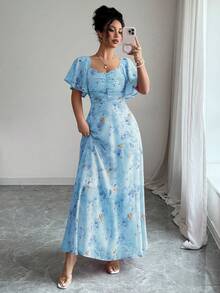 Modelyn 女款雪紡蝴蝶印花蝙蝠袖抓皺夏季甜美法式風洋裝 - 水藍色 - 查看 3