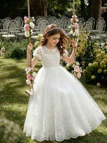 Vestido de fiesta de cuello redondo con volantes y estampado floral para niña preadolescente - Blanco - Ver 5