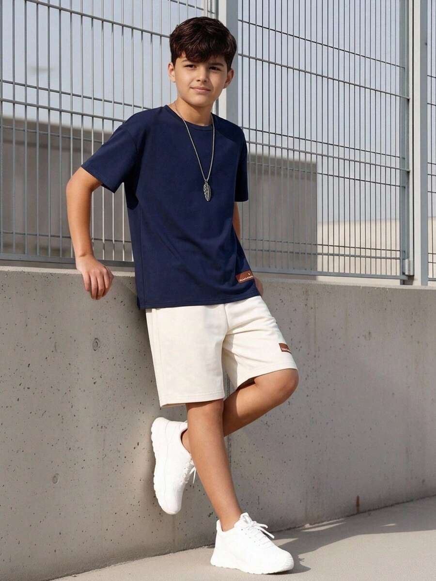 SHEIN 青少年男孩休閒舒適長袖連帽衛衣與長褲套裝 - 藍色 - 查看 1