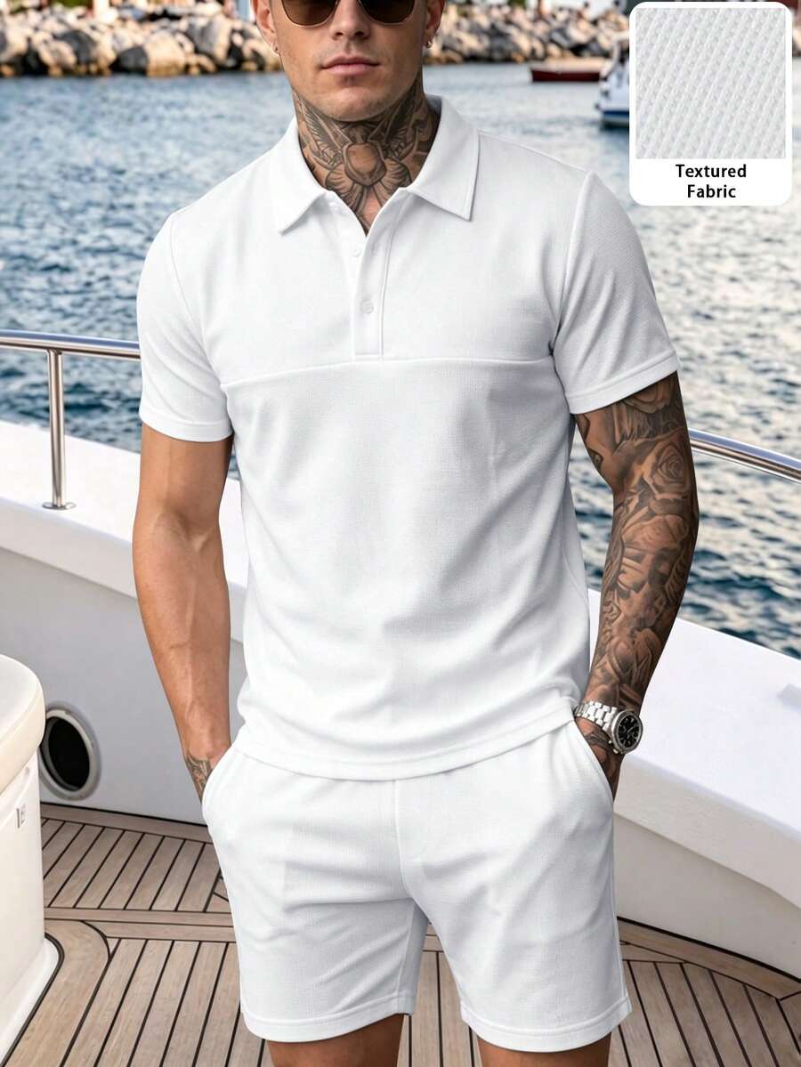 VENTUSAIL 男士素色短袖 Polo 衫與短褲休閒日常套裝 - 白色 - 查看 1