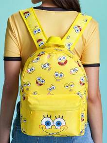 SpongeBob SquarePants | SHEIN 1 個卡通角色圖案印花聚酯纖維背包，可調節肩帶，適合學生、男士、女士，適用於學校、戶外遠足、休閒健行、旅行、通勤，海綿 - 黃色 - 查看 3