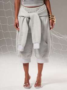 NYA SZN Short Knee Length Tie Detail Jogger Sweatpant Heathered Grey Athletic Athleisure Gym Brunch Going Out Lounge Summer Outfits For Women - Grey - View 4