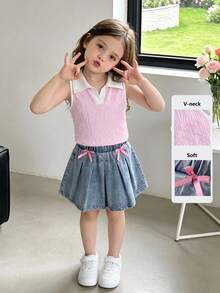 SHEIN Playful Pals 女童夏季淺藍色V領蝴蝶結刺繡背心套裝，搭配復古牛仔彈性腰設計，腰帶3D蝴蝶結修身套裝 - 彩色 - 查看 7