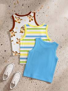 LOONEY TUNES X SHEIN GraphicGems 3pcs Baby Boy Casual Cute Cartoon , Tasmanian Devil Taz And All-Star Collection Floral Print Colorblock Ribbed Knit Tank Top For Summer - Multicolor - View 2