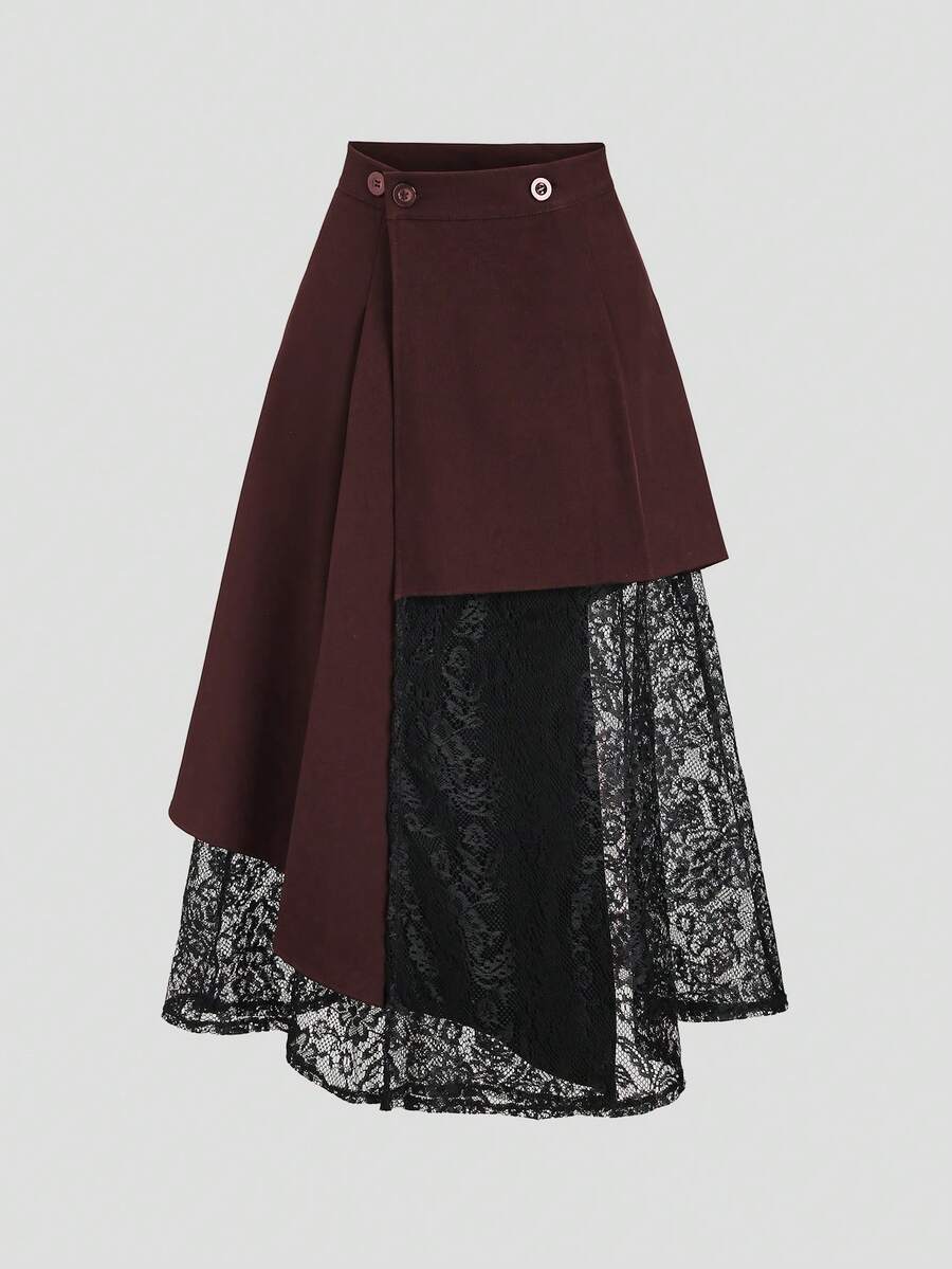 Sweetra Women's Spring/Summer Black Asymmetrical Cutout Lace Patchwork Blazer Skirt, Slimming Mid-Length - Burgundy - View 1
