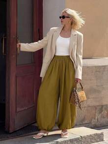 SHEIN PETITE Women's 2026 Spring/Summer New Style Long Green Silk-Feel Pants, Vintage Style, Satin Finish, High-Quality Texture, Street Style, Elegant And Suitable For Parties, Outings, And Casual Outings. ,Petite Women - Fresh Green - View 9