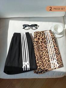 SHEIN 2件套青少年/少女服装 - 经典时尚短裤，两侧饰有4条白色条纹；亮丽黑色豹纹长裤，适合外出和旅行 - 彩色 - 查看 8
