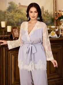 PalaceNights Misty Purple Premium Mesh Spitze Ärmel Bindung Große Größen 2 Stücke Pyjama Set - Mauve - Übersicht 4