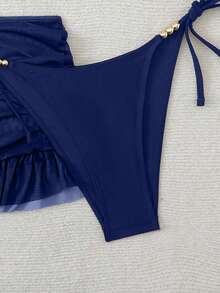 Swim SXY 女款 3 件組夏季性感純色 V 領掛脖綁帶比基尼套裝附外罩裙 - 藏蓝色 - 查看 6