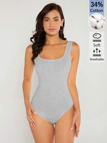 SHEIN BASICS 女款純色休閒百搭連身衣 灰色 夏季 日間居家與辦公日常外出穿搭 - 淺灰色 - 查看 4