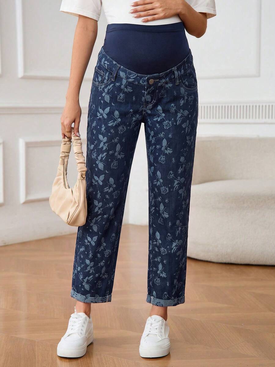 SHEIN Maternity Jacquard Denim Straight Leg Pants - Medium Wash - View 1