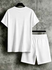 Manfinity Homme 男士夏季休闲运动日常通勤撞色条纹印花宽松T恤和短裤套装（2件套） - 白色 - 查看 6