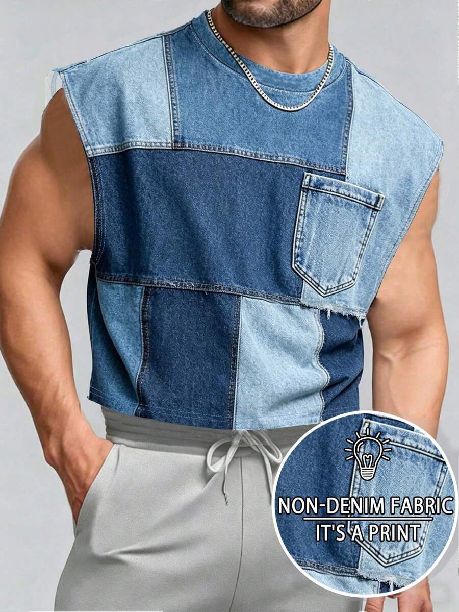 Manfinity Dauomo Summer Outdoor Top, Plus Size Men's Tank Top, Color Block Patchwork Retro Blue Series, Casual Versatile Top, Summer Refreshing Top - Multicolor - View 1