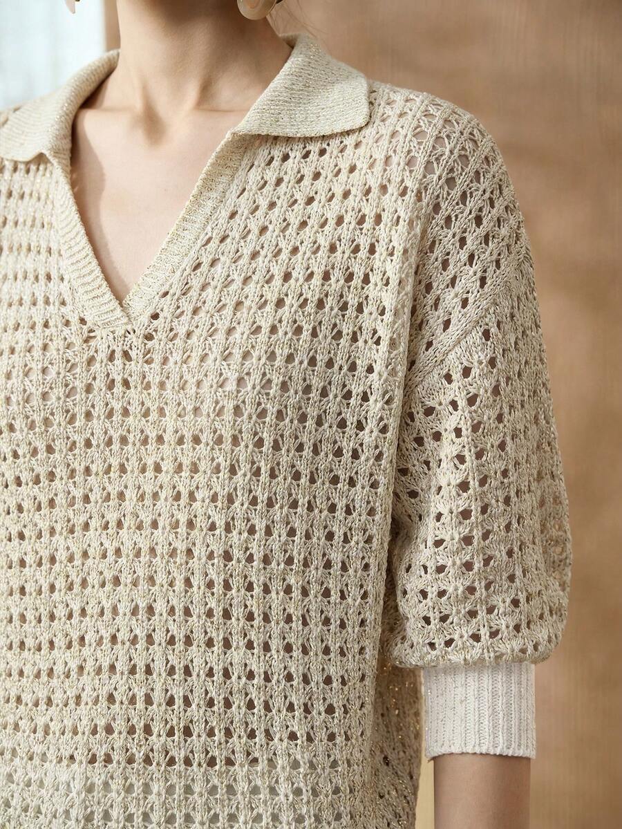 SHEIN 女款仿亮面絲綢面料寬鬆版型 Polo 領鏤空設計休閒毛衣 - 米色 - 查看 1