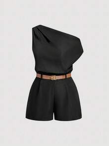 SHEIN MOD 大尺碼女款單肩素色口袋連身褲附腰帶 - 黑色 - 查看 3