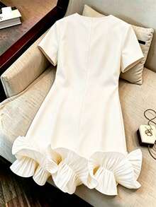 Formidée Plus Size Women's Round Neck Short Sleeve Ruffle Hem Casual Dress - Apricot - View 4