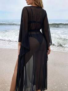 Swim Vcay Kimono Cover Up With Removable Waist Belt - Black - View 2