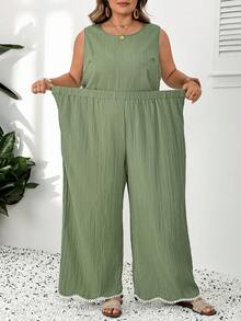 SHEIN CURVE+ Plus Size Women's Round Neck Sleeveless Shirt And Pants Casual Boho Formal 2 Pieces Set Vacation Sage Green Summer Beach Brunch - Green - View 7
