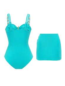 Swim Oasis 2026 New Style Solid Color Patchwork One-Piece Swimsuit With Starfish Decoration And Skirt 2 Pieces Set For Beach Vacation Teal Blue Summer Sexy - Mint Blue - View 2