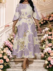 Fleurora Spring Summer Autumn Winter Elegant Formal Commuting Office Evening Party Wedding Cocktail Party Purple Scoop Neck Ball Gown Flared Plus Size Dresses - Purple - View 3