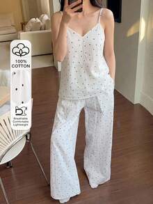 DAZY 2件組波點滿版印花無袖細肩帶背心上衣與直筒長款睡褲女款夏季睡衣套裝 - 白色 - 查看 5