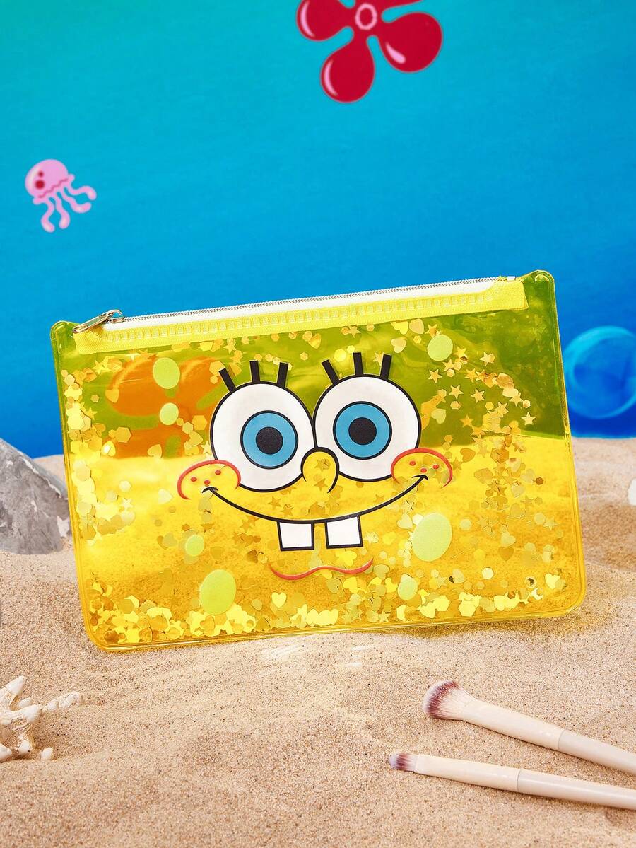 SpongeBob SquarePants | SHEIN 1個卡通角色印花亮片裝飾輕量PVC化妝包,適合存放化妝品、文具、日常用品、數位產品,完美適用於通勤、上學、旅行,適合所有年齡層,學生友善,海綿 - 無色 - 查看 1