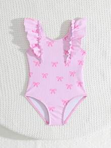 Baby Girl Striped Bow Decor Ruffle One-Piece Swimsuit, Suitable For Summer Vacation & Beach - Multicolor - View 3