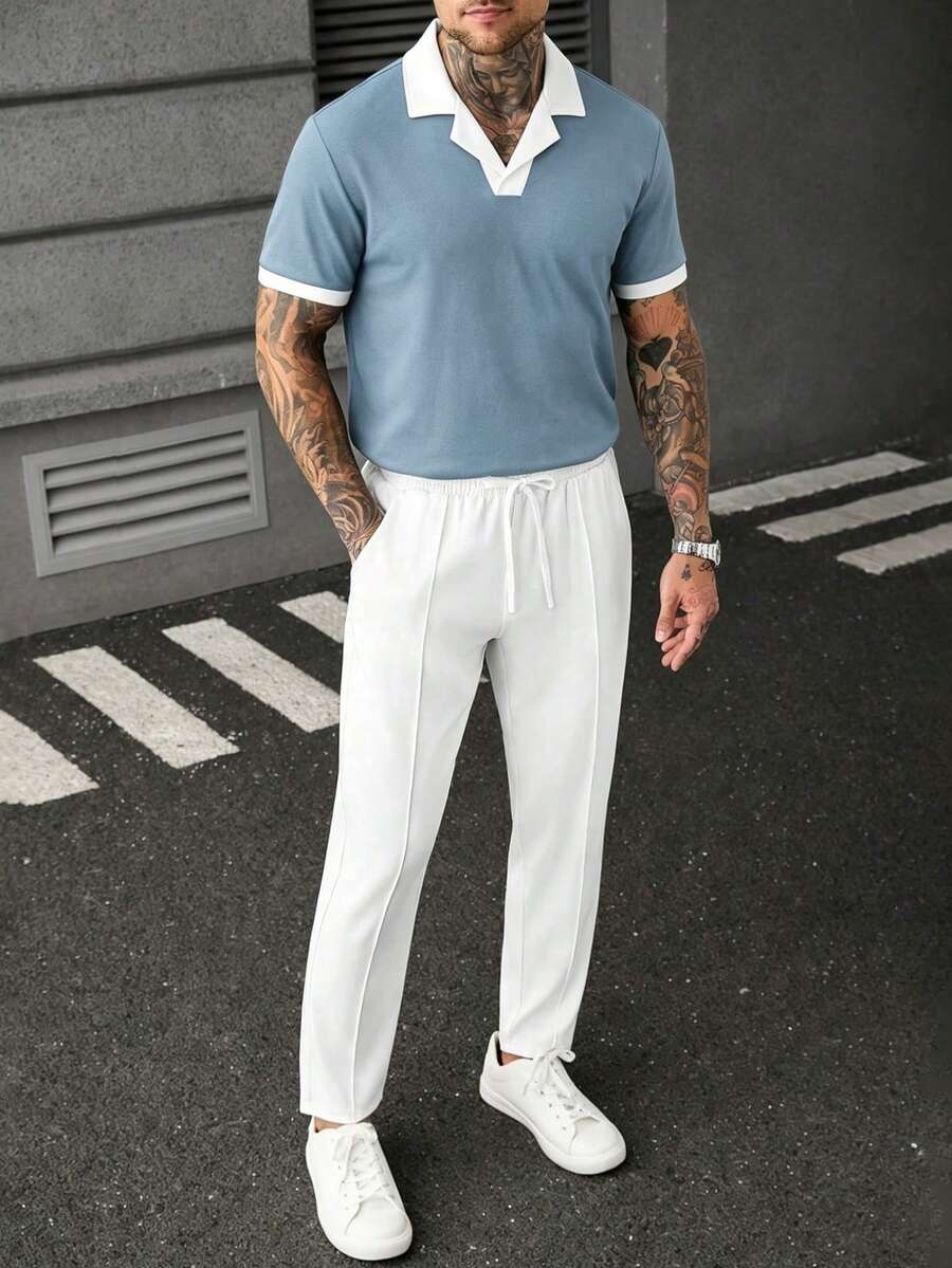 Manfinity CasualCool 男士拼色短袖 Polo 衫與長褲套裝 - 霧霾藍 - 查看 1