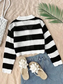 SHEIN 青少年女孩條紋針織開襟衫，適合居家、休閒外出、海灘度假、聚會等場合，舒適百搭柔軟，青少年女孩秋冬穿搭 - 白色 - 查看 2
