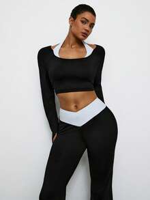Levarali Women's Plus Size Halter Neck 2 In 1 Patchwork Long Sleeve Top And Flared Leggings Casual Daily Sports Set Gym Black And Gold White Autumn Fall - Black and White - View 5