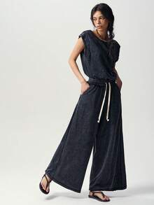 Bohemela Jumpsuit Rajut Polos Kasual untuk Wanita, Cocok untuk Acara Santai Sehari-hari, Musim Panas, Warna Abu-abu Gelap - Hitam - View 7