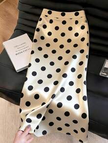 SHEIN Franclia 優雅法式浪漫度假女款裙，法式仿醋酸亮面緞面魚尾裙，浪漫極簡波點裙，商務辦公優雅修身裙，春夏秋冬女款裙，適合日常通勤、百搭時尚、約會與度假穿著 - 杏色 - 查看 1