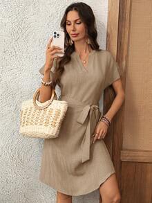EMERY ROSE Gaun Kasual Wanita Lengan Pendek Bergelombang Motif Boneka - Khaki - View 6