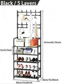 1pc Multi-Functional Iron Shoe Rack, 4/5 Tiers With 8 Hooks - Easy Assembly, Black Shoe Organizer Shelf - Multicolor - View 14