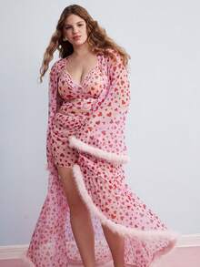 Elorette 3件組甜美愛心印花絨毛飾邊網紗睡衣套裝 - 粉色 - 查看 5