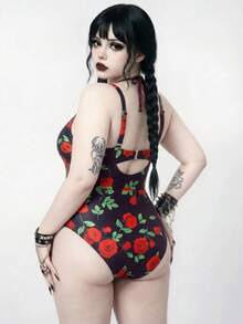 ROMWE Plus Size Rose Print Tankini Set Beach Party Black Summer Sexy Celestial Goth Halloween - Multicolor - View 2