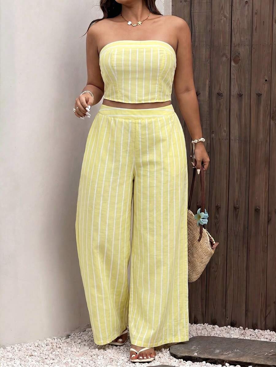 Sunnyshic Plus Size Women's Vacation Striped Bandeau Top And Wide Leg Pants 2pcs Set - Yellow - View 1