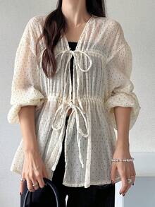 FRIFUL Women's Polka Dot Tie-Front Casual Versatile Daily Outing Shirt Summer Long Sleeve - Black - View 7