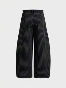 SWAVVY Men's Spring/Summer Casual Button-Up Striped Wide-Leg Pants - Black - View 4