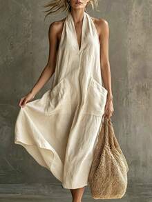 SHEIN Franclia Women's Elegant V-Neck Backless Lace-Up Sleeveless Casual Loose Linen Blend Dress - Apricot - View 4