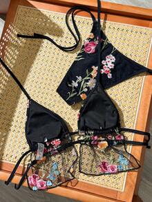 Bonvoyette New Spring Summer Multi-Color Embroidered Floral Print Spaghetti Strap Backless Side Tie High Cut Fashionable European And American Beach Vacation Cruise Party Tank Top Bikini Swimsuit Set For Women - Multicolor - View 4
