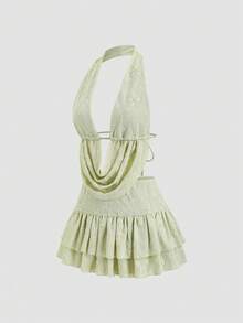 Sweetra Women's Embroidered Ruffle Neck Halter Top And Skirt Fashion 2 Pieces Set - Green - View 4