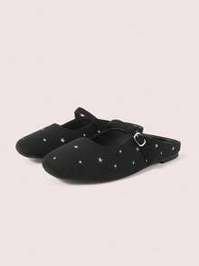 CUCCOO DOLLMOD Women's Shoes, Black Suede Square Toe Flats, Pentagram Embroidered Vintage Mary Jane Women's Shoes - Black - View 2